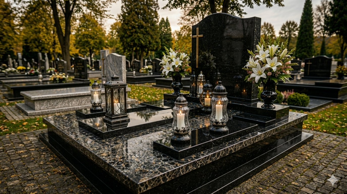 Zadbany grób z kwiatami na cmentarzu
